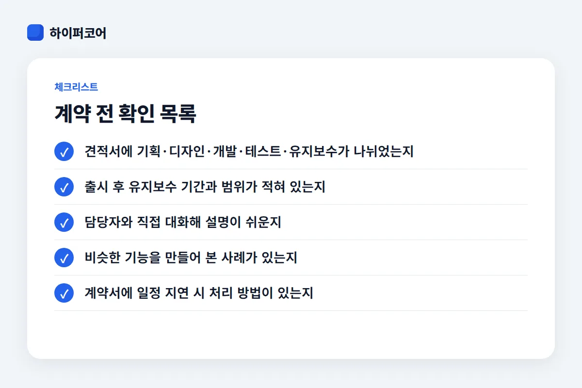 계약 전 확인 목록 체크리스트: 견적서에 기획·디자인·개발·테스트·유지보수가 나뉘었는지, 출시 후 유지보수 기간과 범위가 적혀 있는지, 담당자와 직접 대화해 설명이 쉬운지, 비슷한 기능을 만들어 본 사례가 있는지
